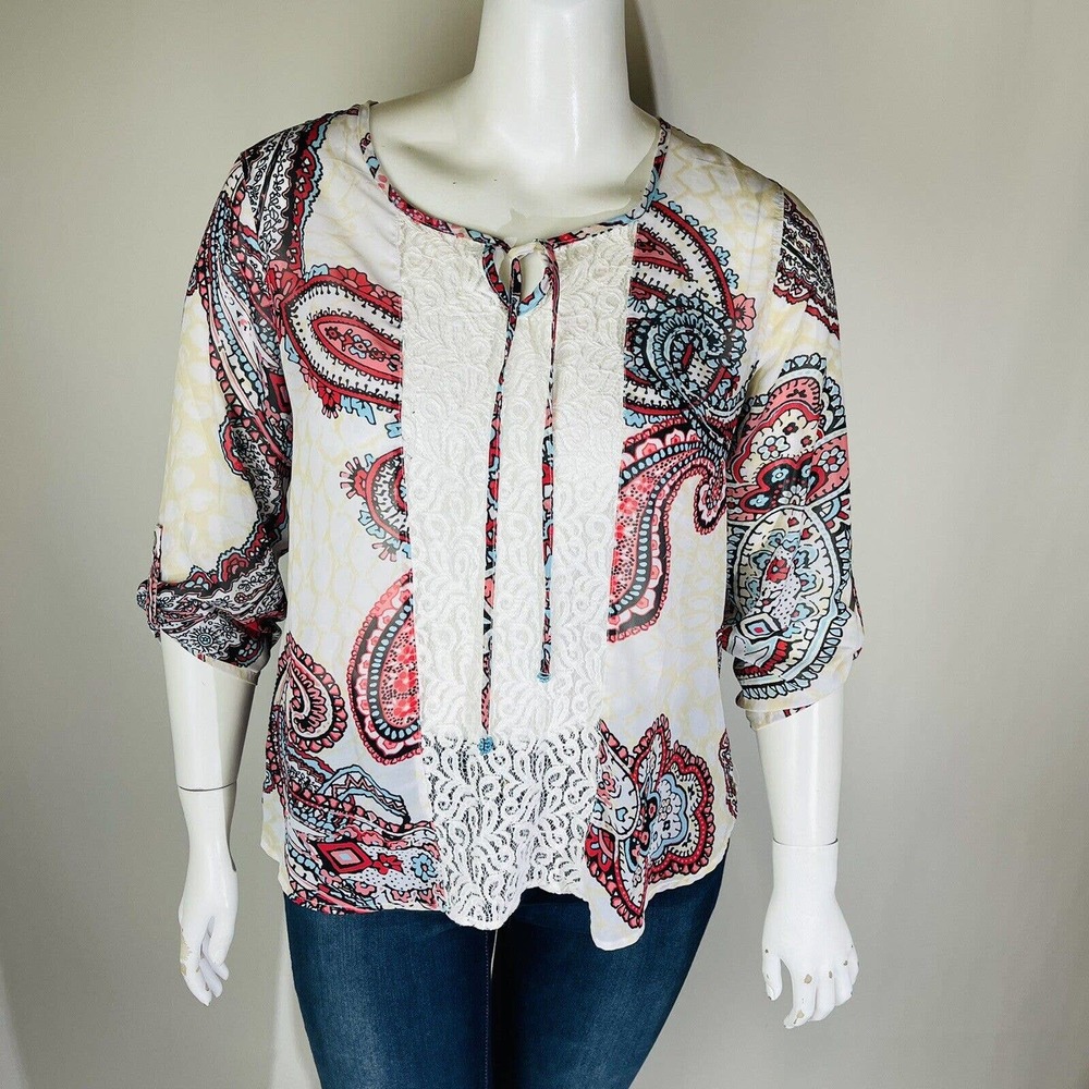 Multiples Womans Sz Large Red Paisley Neck 3/4‎ Sleeve Tie Neck - Picture 2 of 8